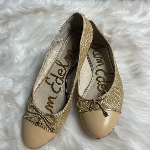 Sam Edelman leather tan and beige Rafia slip on flats bow accent size 8 - Picture 4 of 10